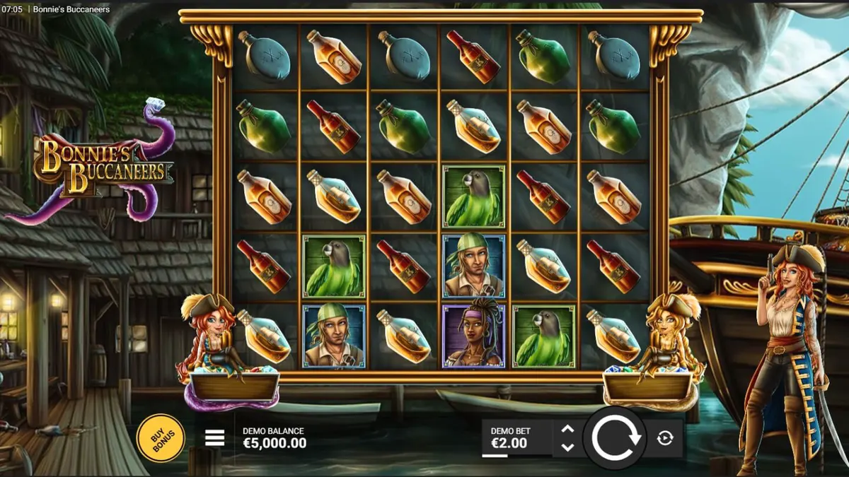 Interface do jogo de slot Bonnie's Buccaneers com temática de piratas e tesouros